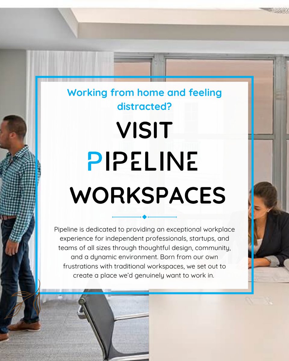 PipelineSpaces's tweet image. Work from home distractions slowing you down? Pipeline gives you a focused and professional environment designed to support productivity and reduce interruptions. Upgrade your workday with a space built for getting things done. Book a tour today at pipelineworkspaces.com.