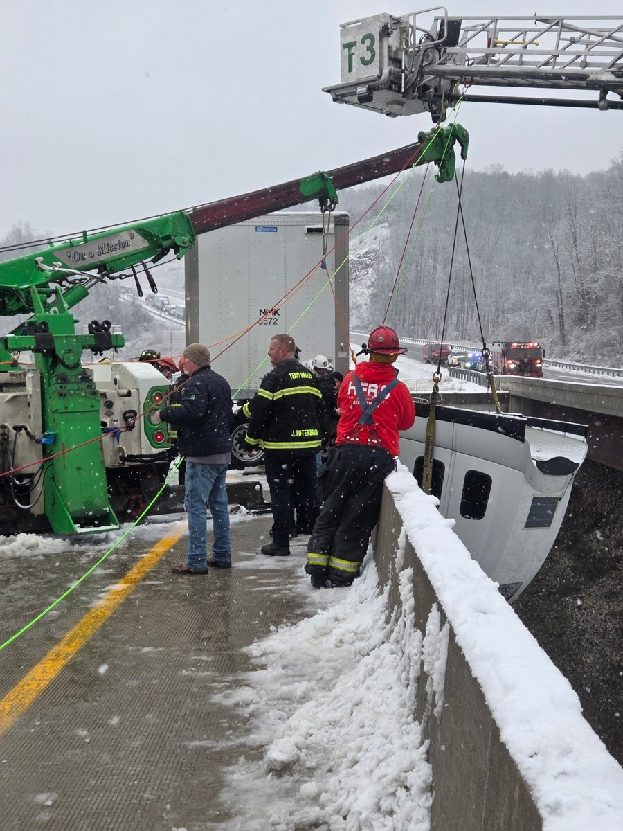 Here’s some incredible photos of today’s rescue along Rt 35 in Mason County. Crews used ropes to rescue the driver while his cab dangled over a bridge at Sixteen Mile Rd. The driver was stuck in there for five hours, but refused medical treatment. 
📸: St Albans FD &amp; Vickie Flora