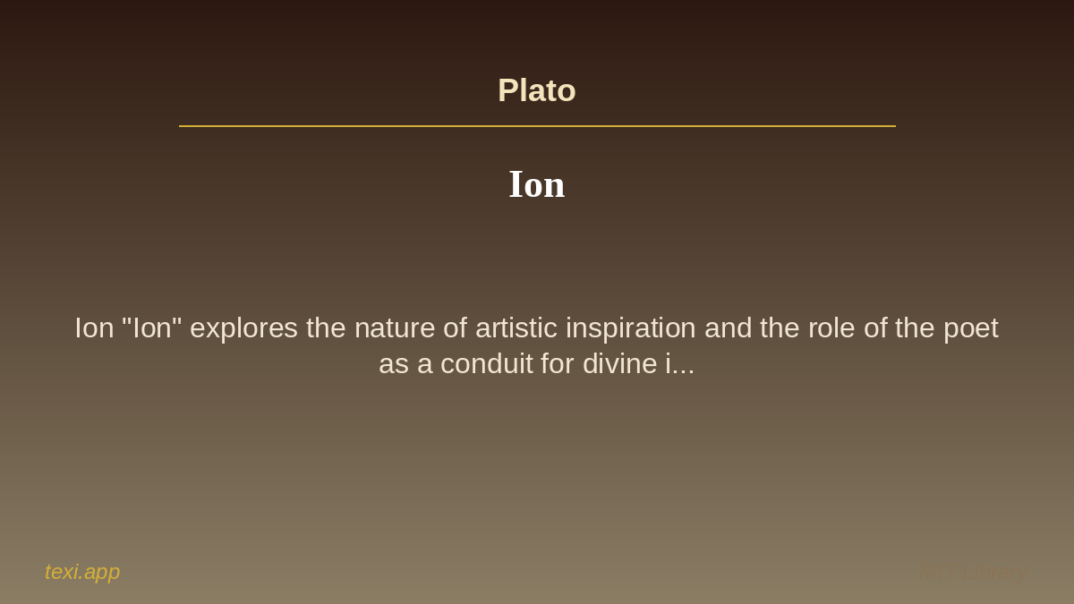 texi_app's tweet image. 📚 Ion
✍️ Author: Plato
🌍 Language: English
📝 &quot;Ion&quot; explores the nature of artistic inspiration and the role of the poet as a conduit for divine i... #texi #books #knowledge #mit #english