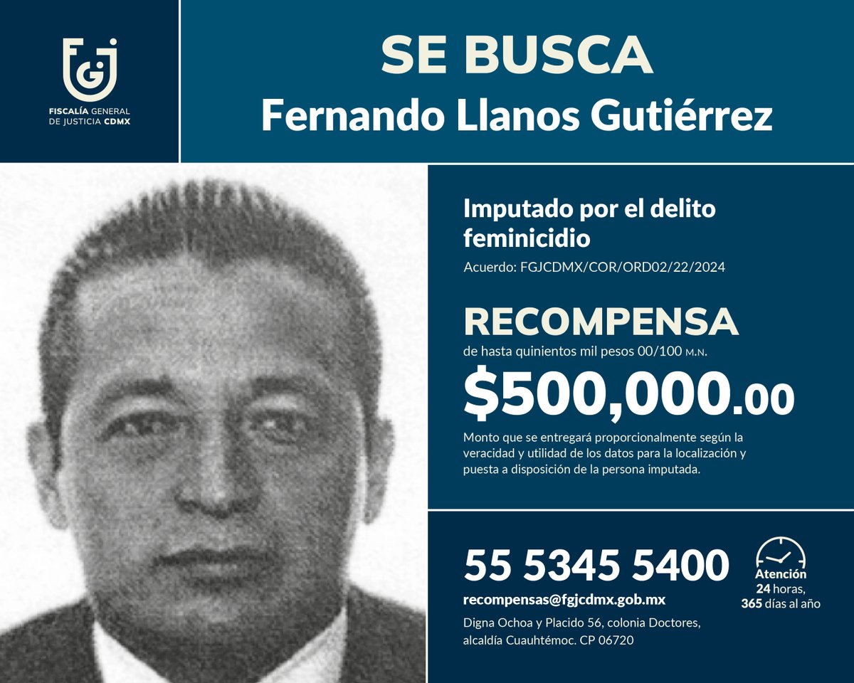 #SeBusca

La #FiscalíaCDMX ofrece una recompensa a quien o quienes proporcionen información veraz y útil que contribuya de manera efectiva y oportuna para la localización de Fernando Llanos Gutiérrez, imputado por el delito de feminicidio.

Si tienes información, denuncia de