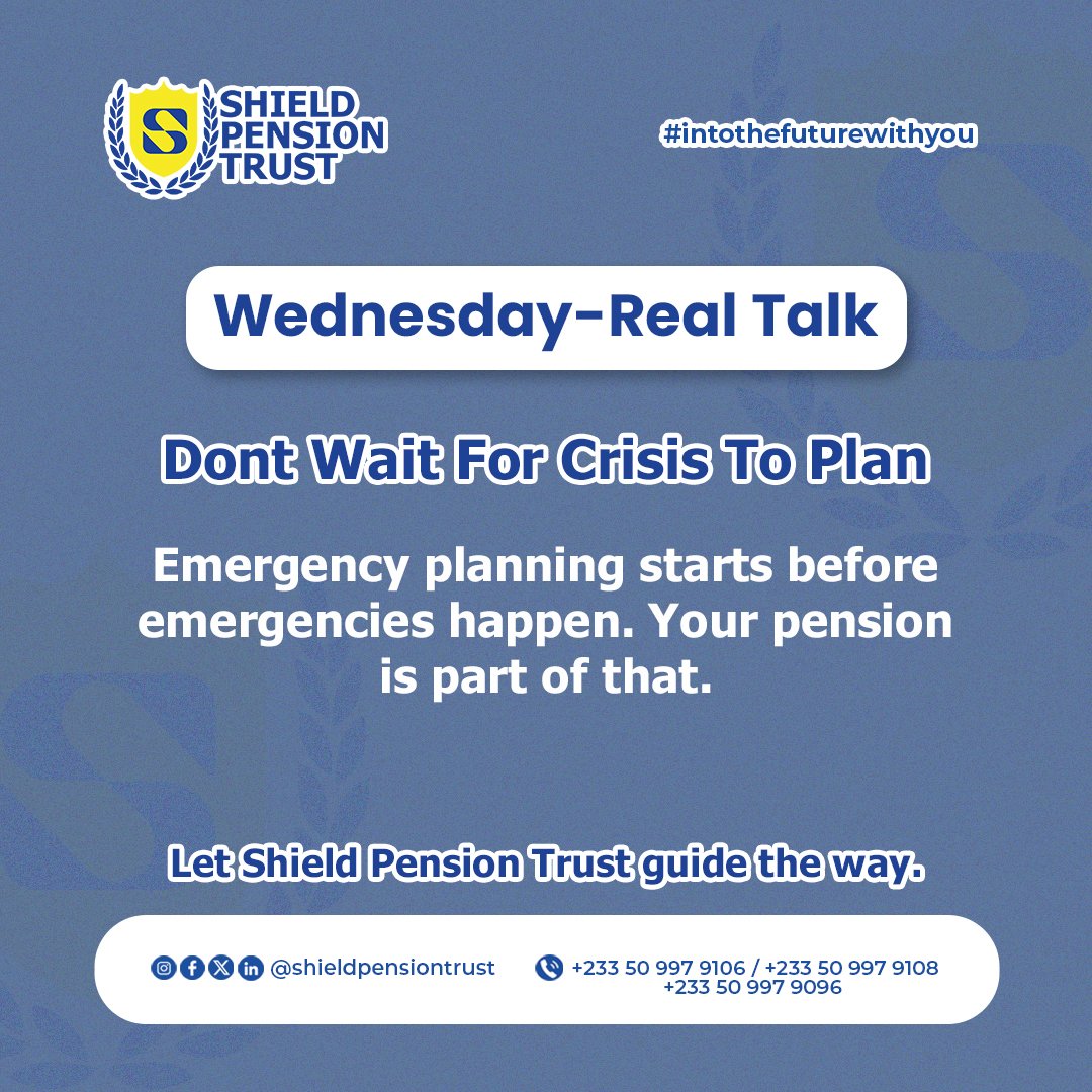 Shieldpensions's tweet photo. Crisis is never the right time to start planning. A solid pension is part of your emergency readiness. Prepare today so your future stays secure, no matter what comes.
#IntoTheFutureWithYou #ShieldPensionTrust https://t.co/NYq0T3AzOg