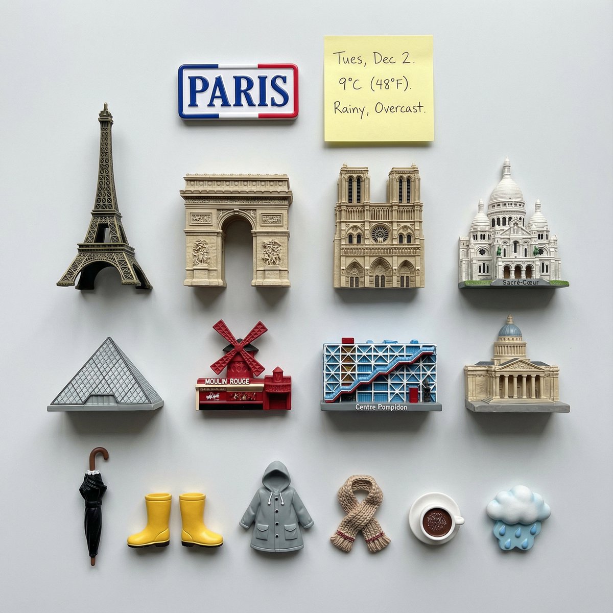 NanoBanana's tweet image. You can also make a knolling of a city&apos;s landmarks. If you ask for them as souvenir magnets, you get a consistent look.

Prompt: Present a clear, directly top-down photograph of [CITY] landmarks as 3D magnets, arranged neatly in parallel lines and right angles, knolling. The…