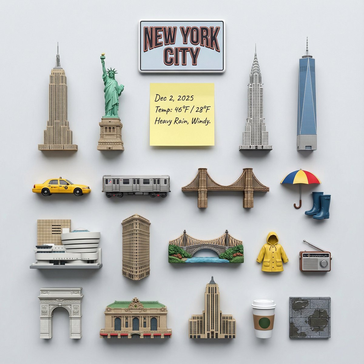 NanoBanana's tweet image. You can also make a knolling of a city&apos;s landmarks. If you ask for them as souvenir magnets, you get a consistent look.

Prompt: Present a clear, directly top-down photograph of [CITY] landmarks as 3D magnets, arranged neatly in parallel lines and right angles, knolling. The…