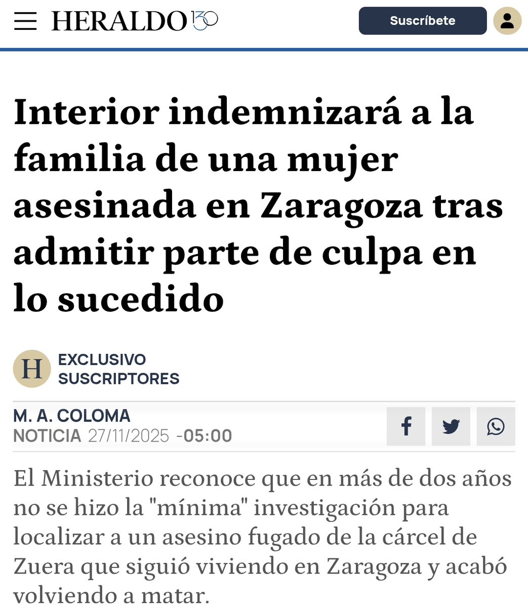 JosemaVallejo's tweet image. Adil mató a una chica y lo metieron a prisión. Como se portaba bien, salió de permiso. No regresó y vivió con normalidad fugado dos años y medio fugado sin que nadie lo buscara. Como se aburría, mató a otra chica.

Indemnización sí, ¿y qué? Ninguna dimisión, ningún responsable.