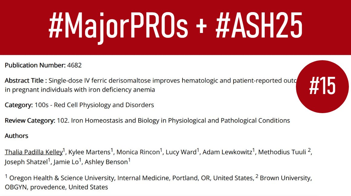 majorajay's tweet photo. 15 – #MajorPROsASH – 4682 Kelley
Single-dose IV ferric derisomaltose in pregnancy: Hgb improvement at 6 wks post-partum, as well as significant improvements in fatigue & depression PROs. Critically important trial in pregnancy that supports QoL benefits of IV iron. #ASH25 #obgyn https://t.co/RmNxAdxRn2
