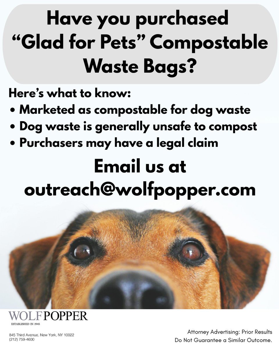 Purchased “Glad for Pets” Compostable Waste Bags? Our research indicates that “Glad for Pets” Compostable Waste Bags may have been deceptively marketed. You may have a legal claim.

For more information email outreach@wolfpopper.com or visit: wolfpopper.com/cases-investig…

#doglover