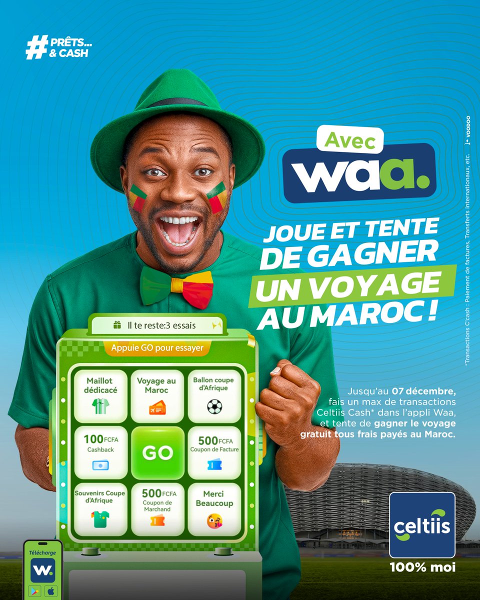 Awééé 😎 ! Tu savais que tes opérations Celtiis Cash peuvent t’envoyer direct au Maroc 🇲🇦 ?

1️⃣Fais des opérations d’au moins 1000 F ;
2️⃣Va dans Waa et appuie sur le visuel de la campagne ;
3️⃣Appuie sur Go

📍 Jusqu’au 7 décembre 2025
#CCash #VoyageMaroc #Celtiis100PourCentMoi