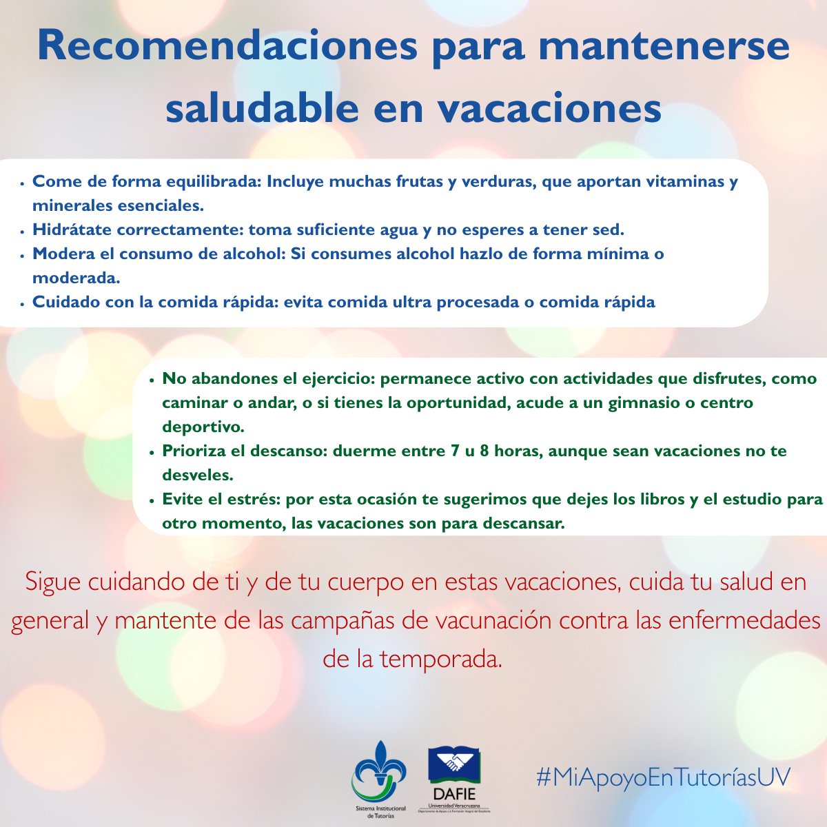 #EstudianteUV

No hay duda que las fiestas decembrinas son las mejores de todo el año, no obstante, sabemos que podemos caer en excesos fácilmente por la abundante comida y festejos de estas fechas, por ello te damos estos consejos para mantenerte saludable en vacaciones.  🫡🔵🟢