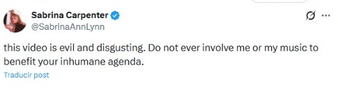 #TvMigranteInforma 

Luego del video publicado por la <a href="/WhiteHouse/">The White House</a> donde se utiliza una canción de la cantante estadounidense, #SabrinaCarpenter, la interprete de “Juno” reaccionó a través de su cuenta de X calificando el video como repugnante. "Nunca me involucres ni a mí ni a mi