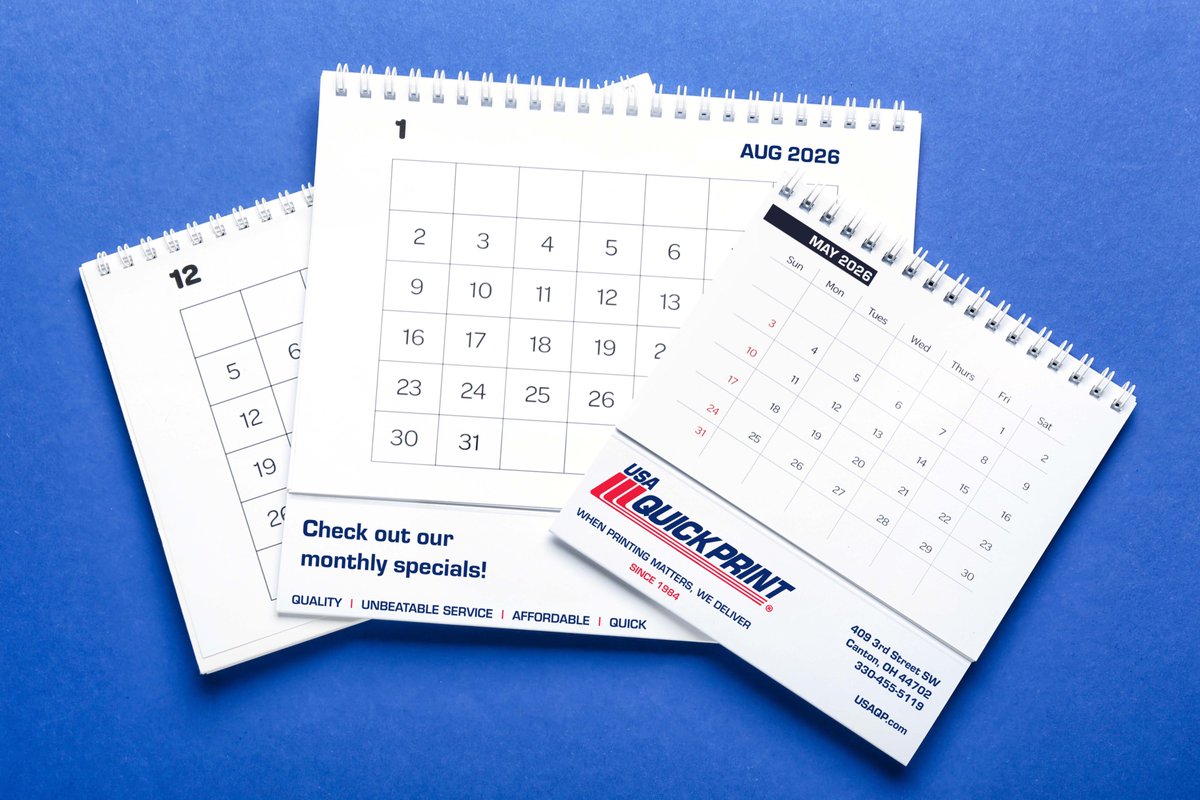 usaquickprint's tweet photo. Think ahead for 2026 and keep your brand on display all year long. 📅 From wall and desk calendars to other custom styles, we can create calendars that feature your logo, photos, and key dates. 

We have special savings on select types! 

#USAQuickprint #usaqp #calendars2026 https://t.co/yiqK0Ogr5m