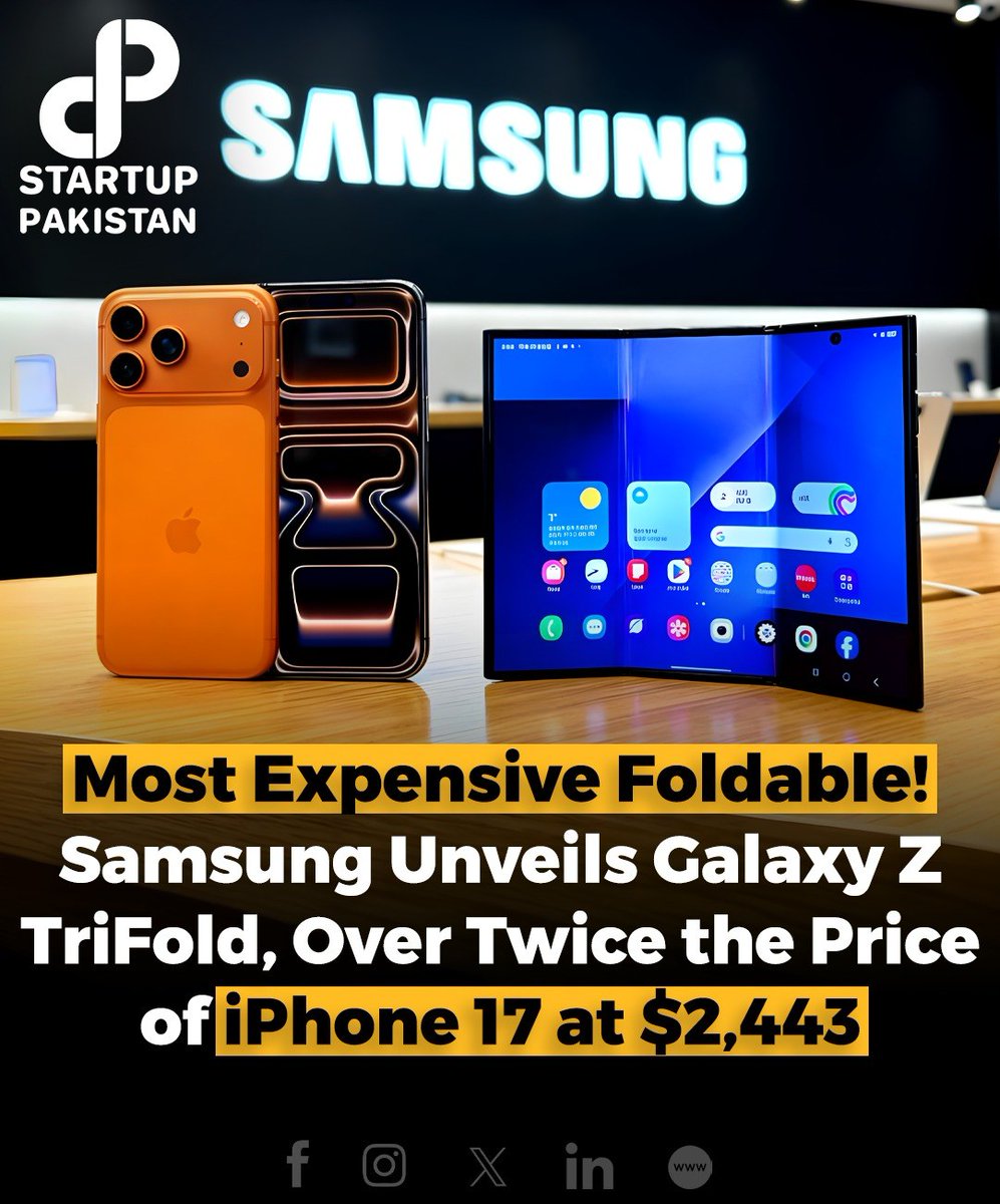 PakStartup's tweet image. Samsung unveils its priciest foldable yet, the Galaxy Z TriFold, priced at $2,443—over twice the cost of the new iPhone 17. 

#FoldablePhone #AIFeatures #SmartphoneWars