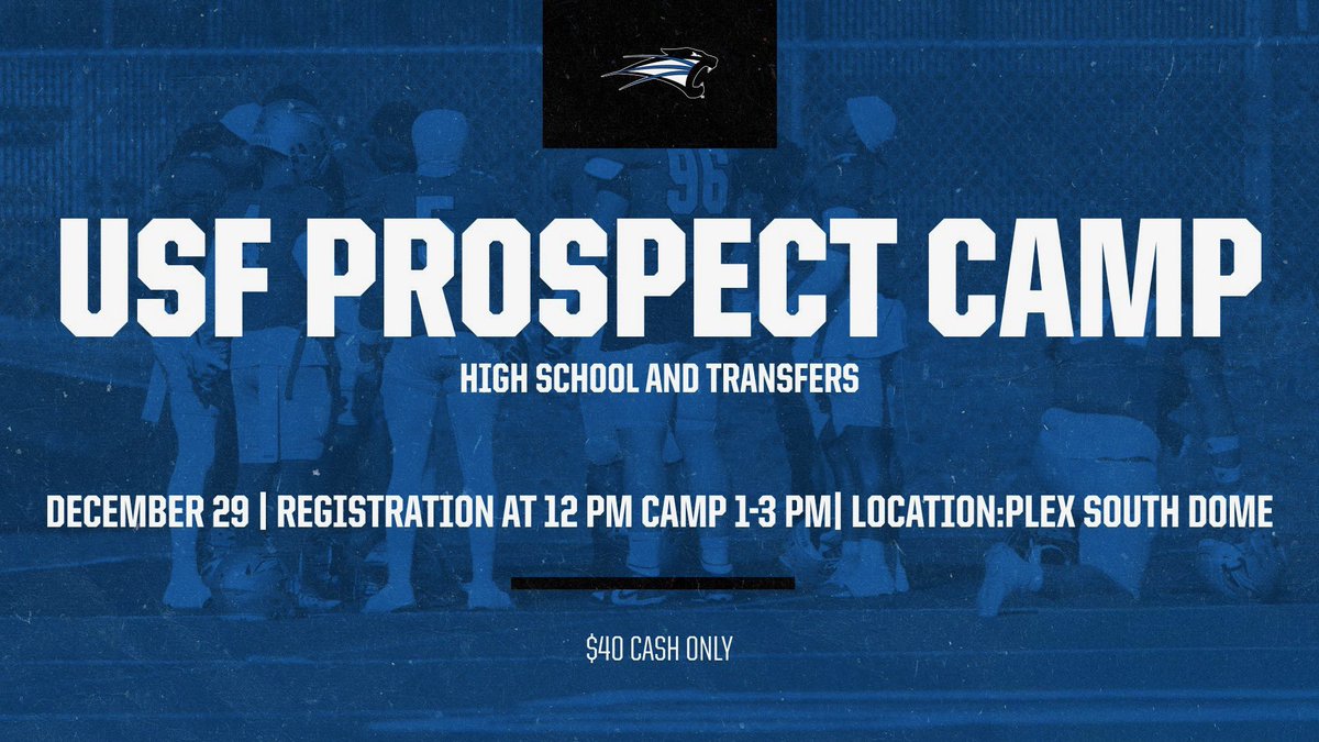 usf_fb's tweet image. 📣 USF Football Prospect Camp
🗓 December 29th
⏰ Registration: 12 PM | Camp: 1–3 PM
📍 Plex South Dome – 5702 Engle Rd, Fort Wayne, IN 46804
💲 $40 Cash Only
Open to 9th–12th graders &amp;amp; mid-year transfers
➡ Sign up here to confirm your spot: 
forms.office.com/Pages/Response…