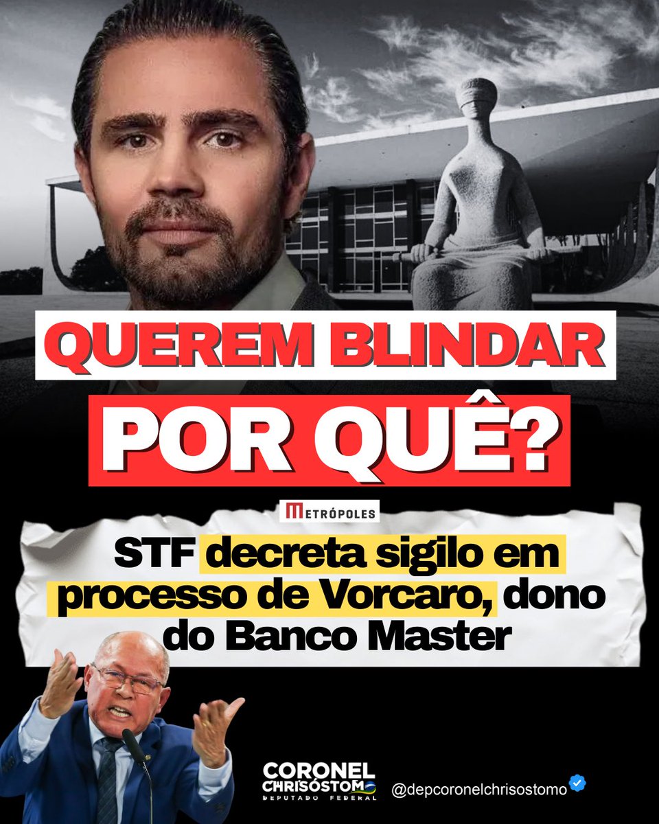 DepChrisostomo's tweet image. Qual o interesse do STF decretar sigilo em processo de Daniel Vorcaro, dono do banco Master, que roubou bilhões dos aposentados. A quem interessa o STF blindar Vorcaro?