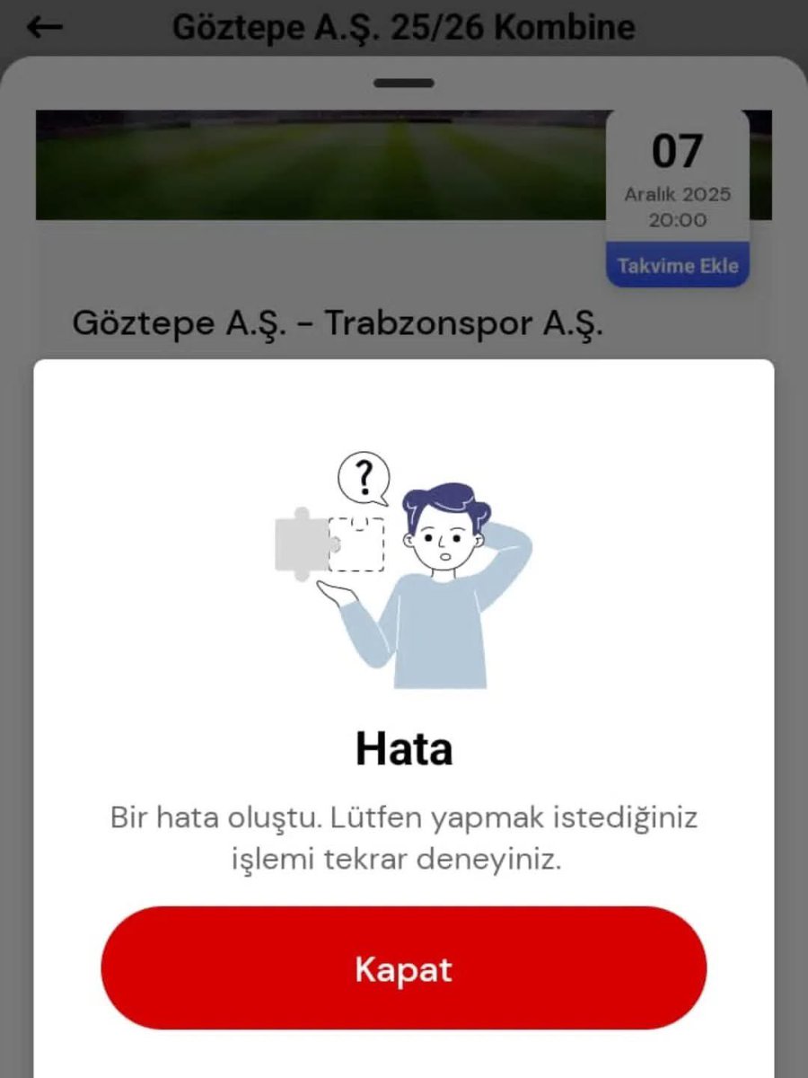 Bilet transferi yapmak isteyen taraftarlarımız sabahtan beri hata alıyor!
Acilen konuya çözüm bulunması gerekiyor <a href="/passo_com_tr/">Passo</a> <a href="/Goztepe/">Göztepe Spor Kulübü</a>