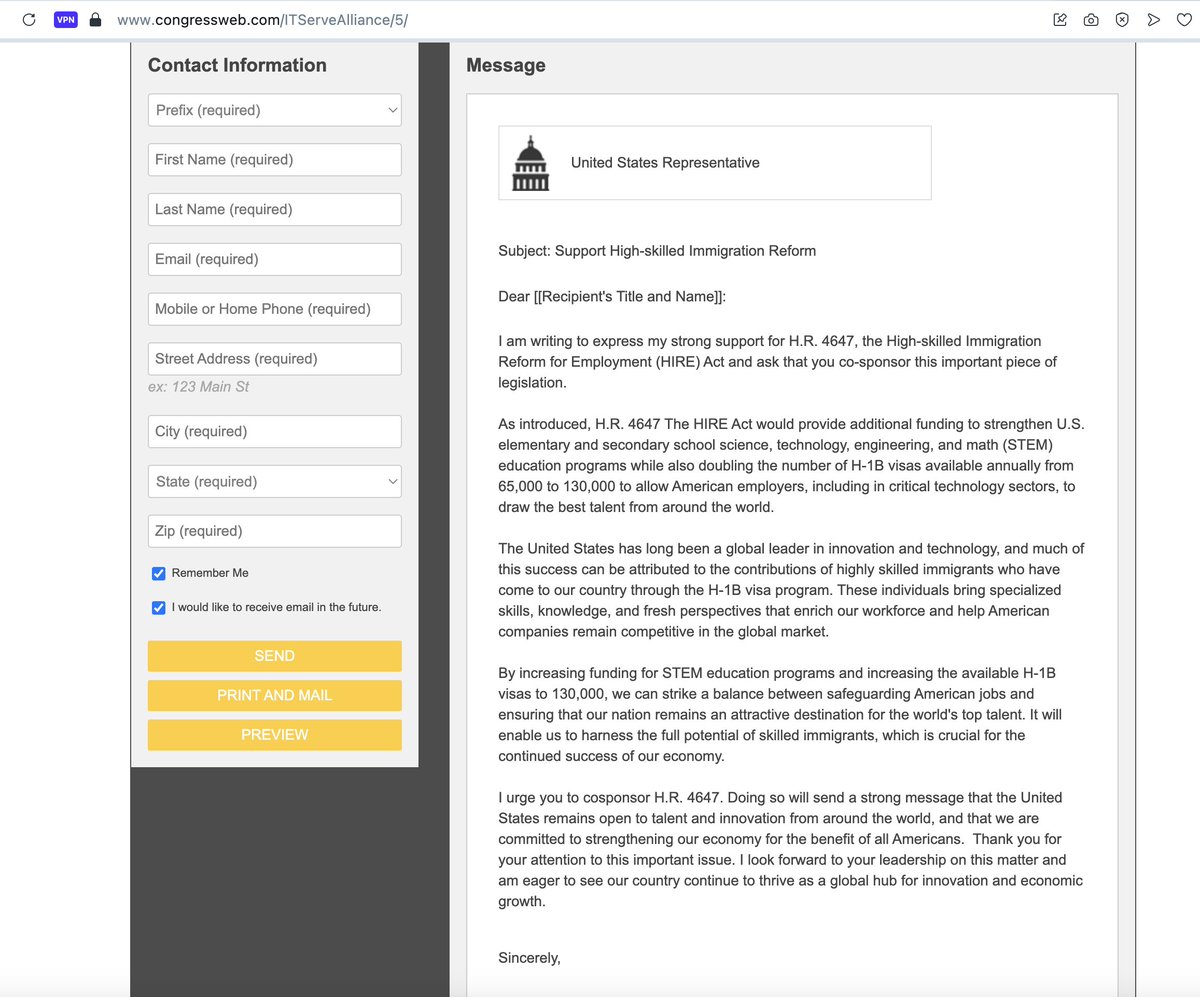 Members of ITServe Alliance have exclusive access to a congressional web portal for lobbying purposes. 

Can we create a similar platform where the public can send emails simply by providing their contact information?
