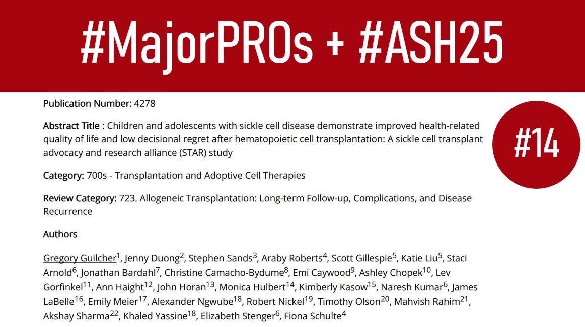 majorajay's tweet photo. 14 – #MajorPROsASH – 4278 Guilcher
Children & AYA pts w/ #sicklecell disease receiving alloSCT: substantial QoL improvements and low decisional regret up to 3 yrs after allo. Study supports shared decision-making in #SCD that includes long-term⬆️QoL outcomes. #bmtsm #ASH25 https://t.co/w3AFZIO6Je