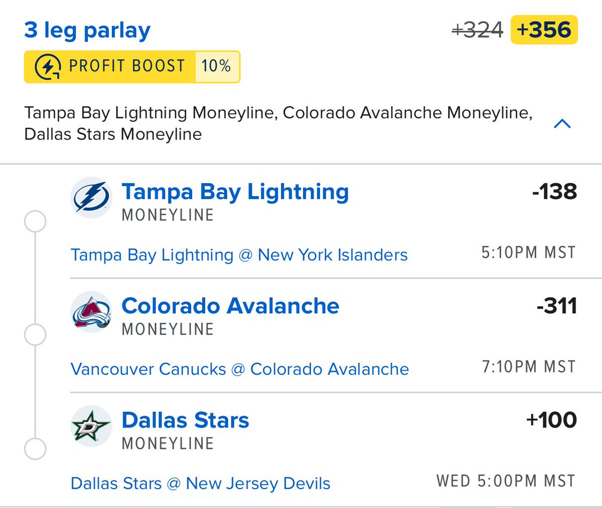 DanOnTheLine_'s tweet photo. 🏒 NHL Moneyline Parlay — 12/2
FanDuel Odds (if parlayed w/ boost): +356

🔒 Picks:
➡️ Lightning ML
➡️ Avalanche ML
➡️ Stars ML

Let’s ride 💰 https://t.co/eB6h94MrzQ