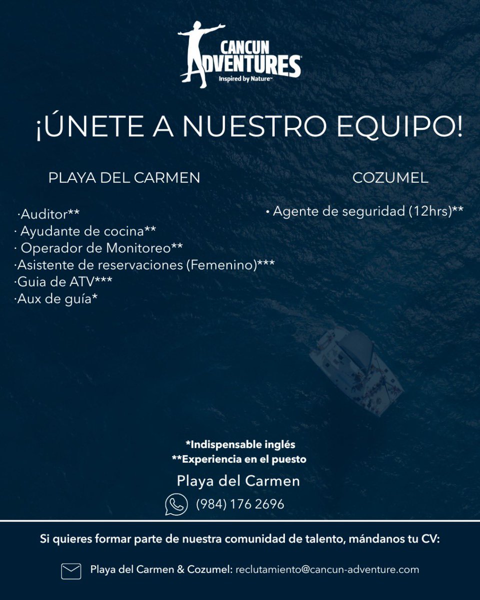 ¡Playa del Carmen y Cozumel! Únete a la aventura con Cancún Adventures 🏃🏻‍♂️

Forma parte de este gran equipo de trabajo 🤩

Contacta al wa.me/9841762696 📲

Más información, consulta la imagen 👇🏽