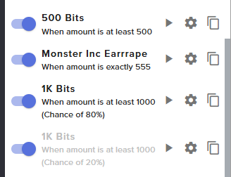 Hey <a href="/StreamElementsS/">StreamElements Support</a> 

I have my alert variants like this, and its been fine until today. - When someone has given 1,000 Bits it fallsback to 500 Bits. Any fixes?