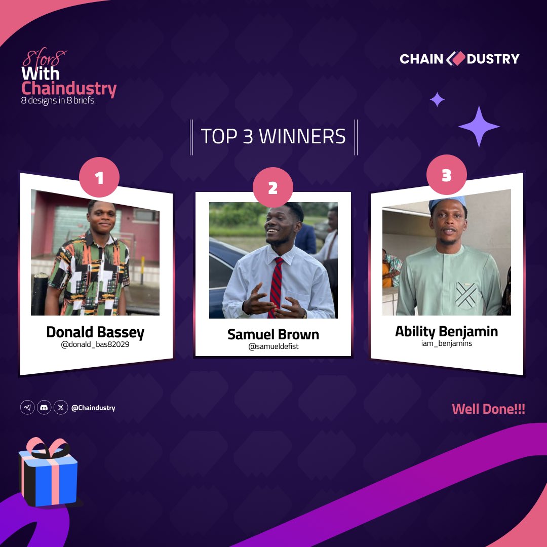 We’ve come to the end of the designers challenge ‼️

After eight solid briefs, our Season 1 winners have emerged.

👇 Congratulations to:
1st 🥇 <a href="/donald_bas82029/">Dee's Corner</a>
2nd 🥈 <a href="/samueldefist/">SB</a>
3rd 🥉 @iam_benjamins

Please confirm your identity in the telegram group to claim your rewards.