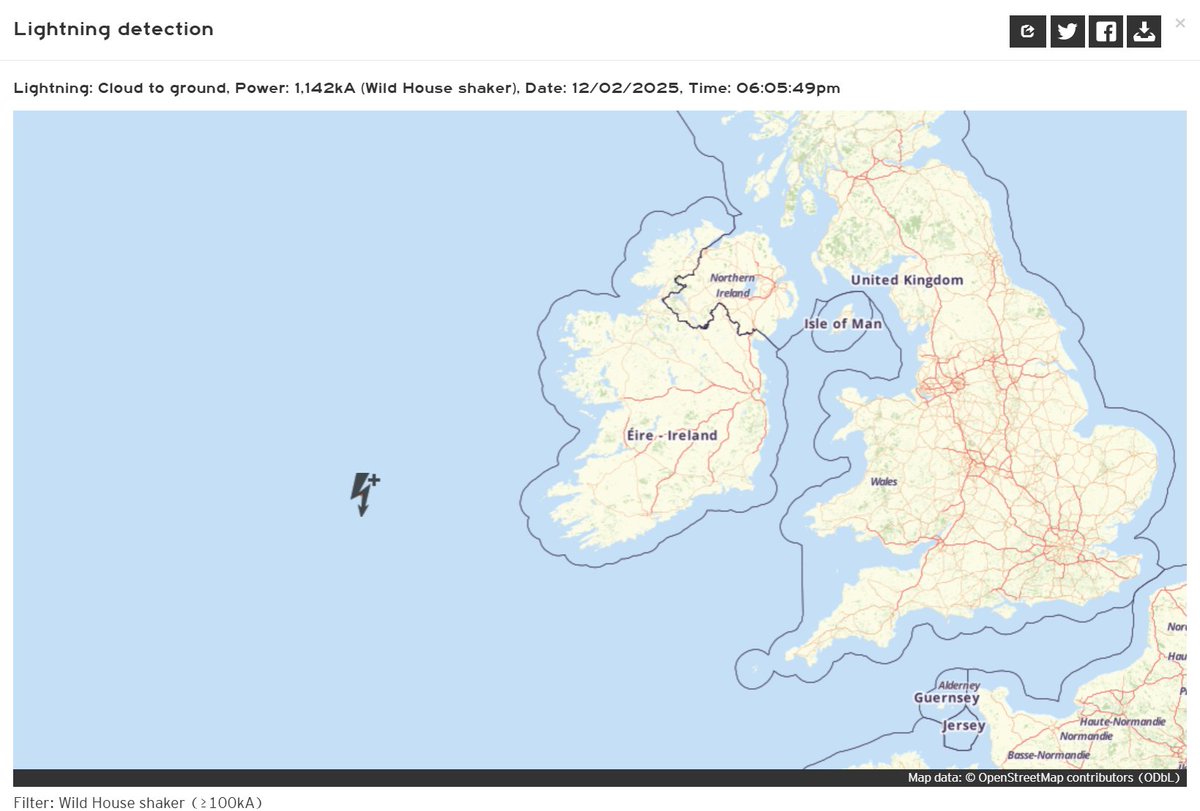 UKStormUpdates's tweet image. Extremely powerful lightning in the Atlantic Ocean near the coast of Ireland this evening. 1,142kA is around four times the power of what is considered a superbolt!

meteologix.com/uk/lightning/1…