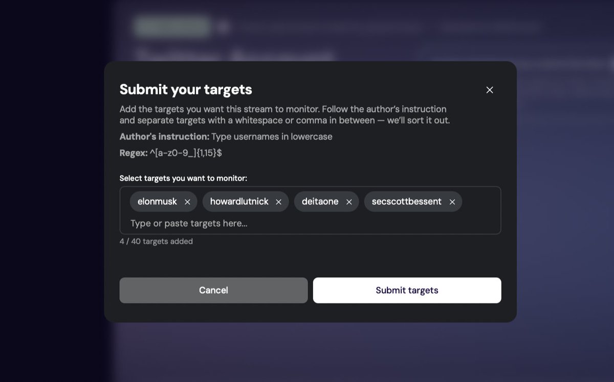 Custom streams aren't watchlists or filters.

They’re dedicated, custom, private feeds targeting accounts, sites, tickers and keywords that you want sourced by vendor scraping infrastructure. 

Example: track all new posts from a set of crypto founders, exchanges, and analysts.