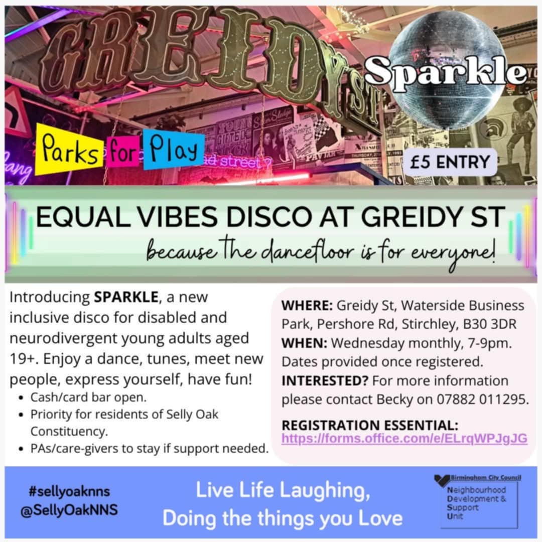 B31Voices's tweet image. #SWBrumEVENTS SPARKLE: inclusive disco for disabled and neurodivergent young adults aged 19+

Enjoy a dance, tunes, meet new people, express yourself, have fun!

📍 Greidy Street #Stirchley B30 3DR

📆 One Wednesday /month 7-9pm

REGISTRATION ESSENTIAL: 
bvoices.uk/49z7N2q