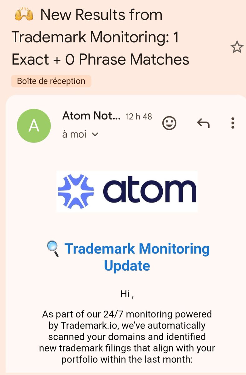 MrBahCa's tweet image. I really appreciate Atom’s new feature that notifies me when a trademark is filed matching one of my domains , this is an incredible addition. Innovations like this are exactly why @atomHQ is rising to the top of the industry. They continue to grow, invest in new features and…