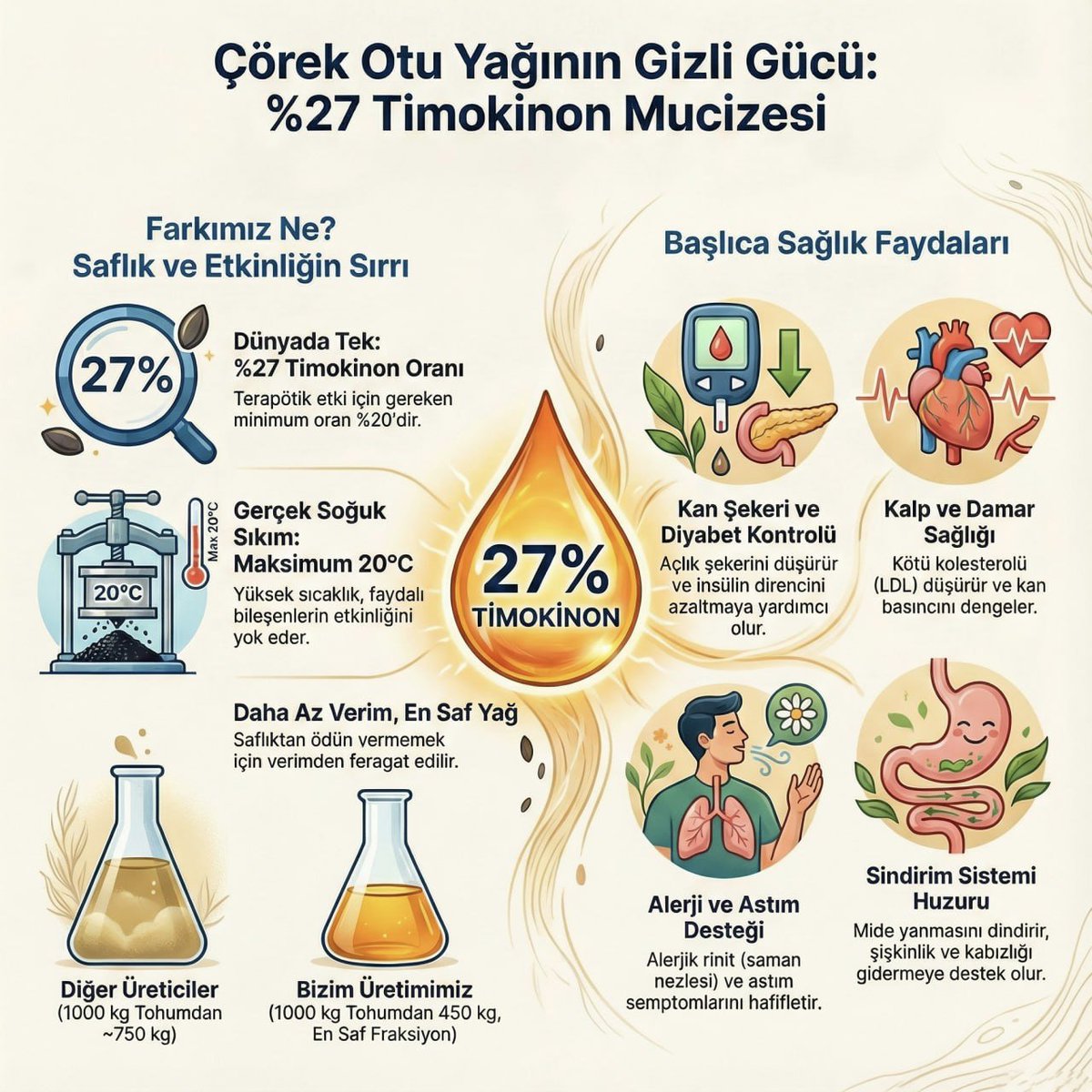 su__hayatt's tweet photo. Bu bildiğiniz çörek otu yağı değil, terapötik (tedavi edici) bir güç! 🛡️
Dünyada tek %27 Timokinon oranıyla ilaç niyetine şifa. Başkaları 1 ton tohumdan 750 kg yağ çıkarırken, biz saflık bozulmasın diye sadece 450 kg en saf özü alıyoruz.
#timokinon #şifa #çörekotuyağı https://t.co/dl9SAXkD0K