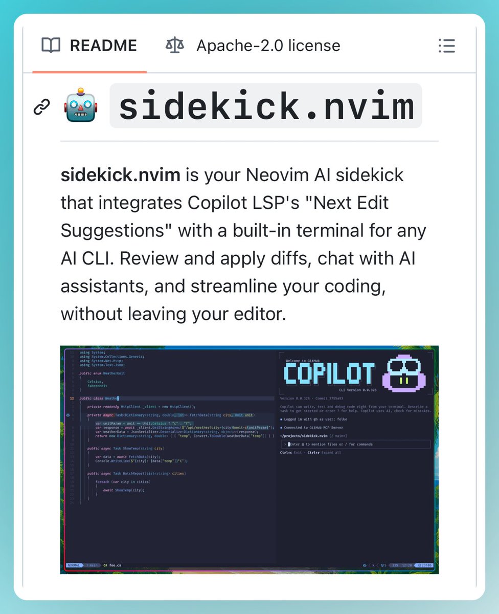 GithubProjects's tweet image. Your Neovim AI sidekick