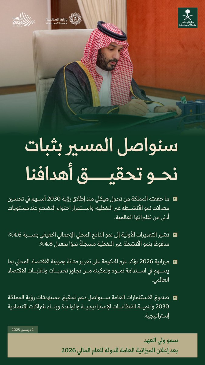 "سنواصل المسير بثبات نحو تحقيق أهدافنا" 
سمو #ولي_العهد بعد إعلان الميزانية العامة للدولة للعام المالي 2026. 🇸🇦 
#ميزانية_السعودية_2026