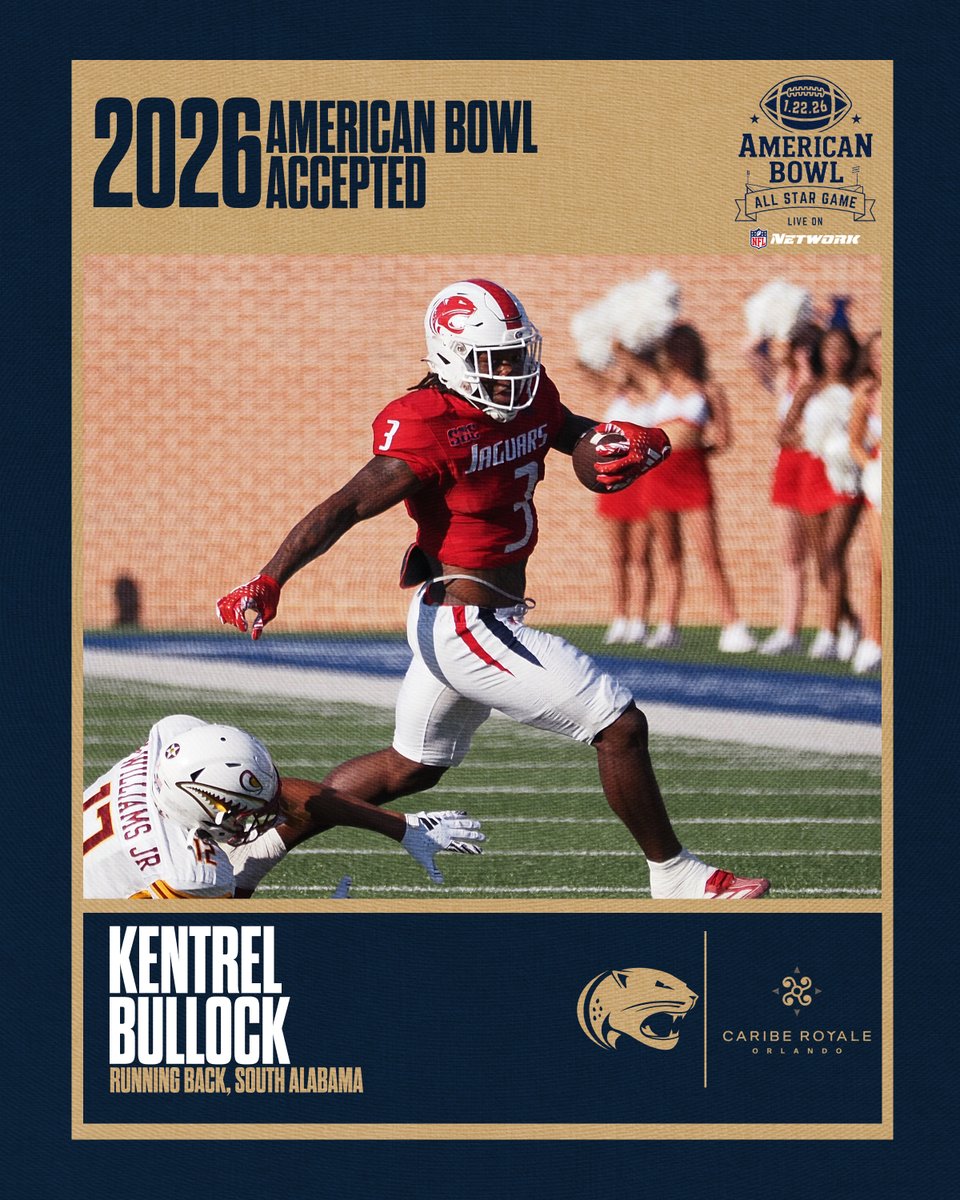 WELCOME TO THE AMERICAN BOWL! 🇺🇸

Kentrel Bullock from <a href="/SouthAlabamaFB/">South Alabama Football 🏈</a> has officially accepted his invitation to the 2026 American Bowl, where the nation’s top senior talent comes together to compete, represent their programs, and honor those who serve.

Next stop: Orlando 🇺🇸🏈