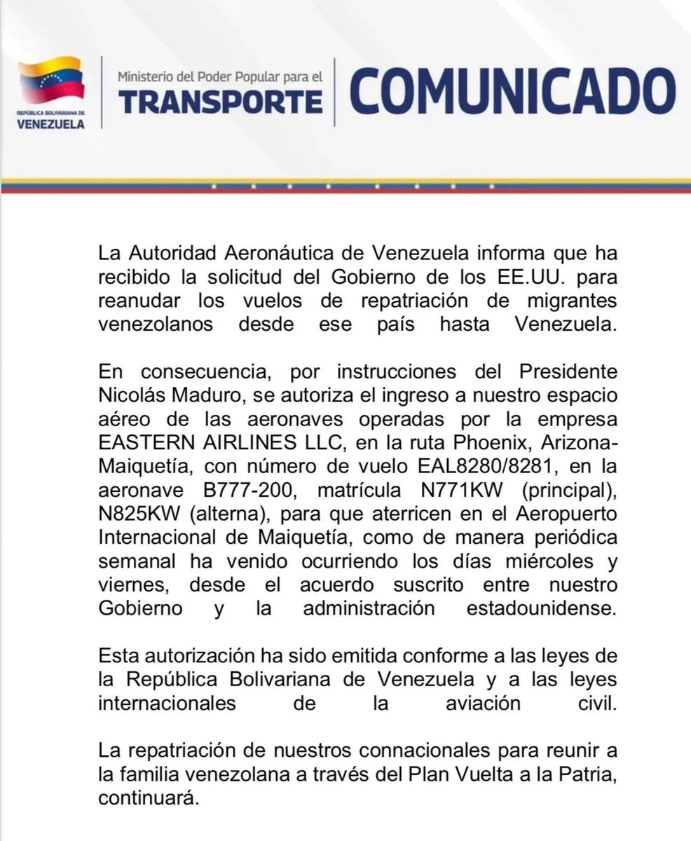#TvMigranteInforma 

A través de un comunicado, el Ministerio de Transporte de Venezuela informó que a petición del gobierno de #EEUU la administración venezolana ha reanudado los vuelos de repatriación de migrantes venezolanos desde #EstadosUnidos, los días miércoles y viernes