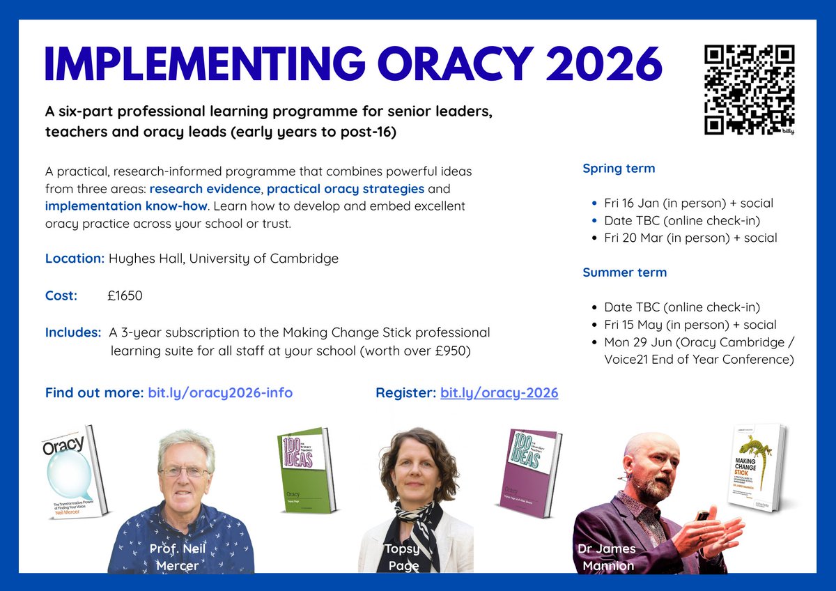 OracyCambridge's tweet photo. #Oracy is the greatest gift we can offer our learners.

In unrelated news, we have a *small number* of places left for our Implementing Oracy 2026 programme!

Book before Friday 19th Dec to claim the festive fee of £1500. Once they’re gone, they’re gone!

https://t.co/hnLD9UgTEX https://t.co/sXlh8Ocxvu