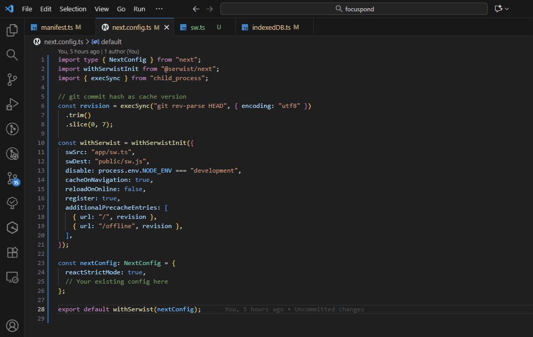 filix_lillyann's tweet image. Today I set up Serwist for Focuspond’s service worker.
Read through the docs, installed the packages, configured next.config.ts, added the typings, and wrote the initial SW logic.

#buildinpublic #NextJS #PWA