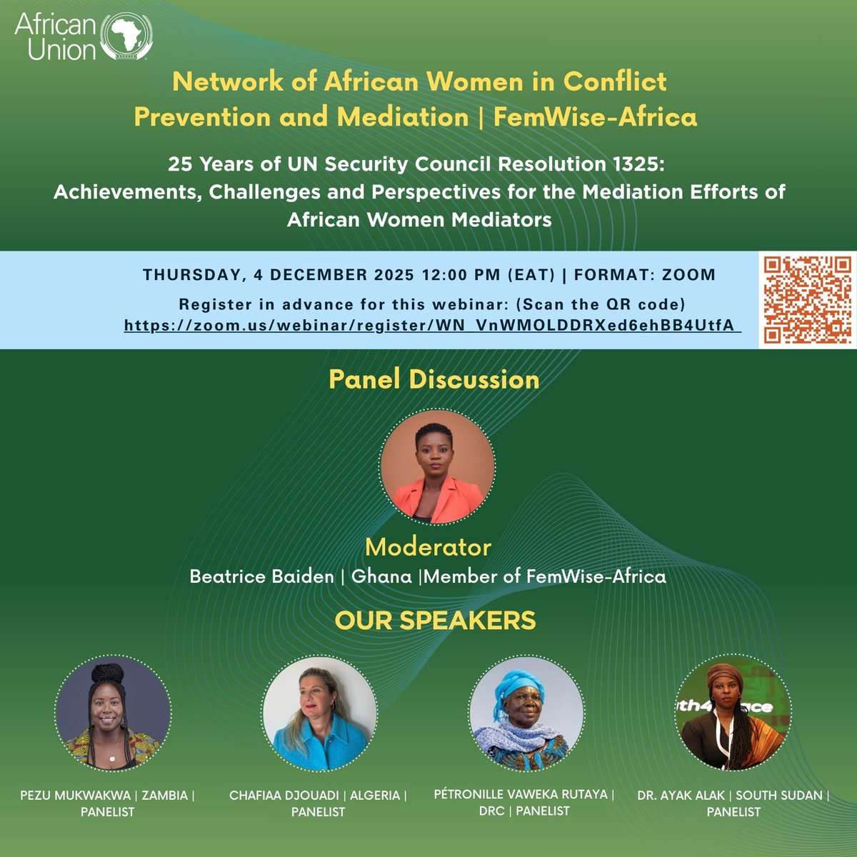 The <a href="/_AfricanUnion/">African Union</a>– <a href="/FemWiseAfrica/">FemWise-Africa</a> Network of African Women in Conflict Prevention and Mediation will convene a high-level Panel Discussion on “25 Years of #UNSCR1325: Achievements, Challenges and Perspectives for the Mediation Efforts of African Women Mediators.”

🗓️ Thursday, 4