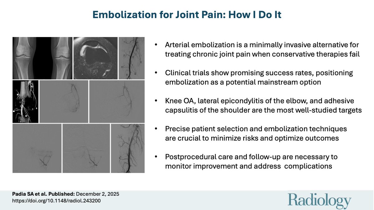 RadiologyEditor's tweet image. Tired of chronic joint pain? When conservative therapies fail, arterial embolization offers a minimally invasive solution! With proper patient selection and standardized procedures, you can achieve lasting pain relief and improved function. #Radiology
pubs.rsna.org/doi/10.1148/ra…