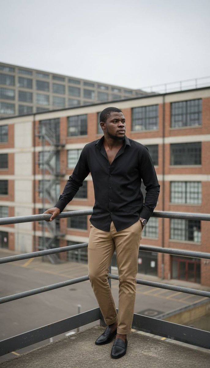Damilare_Youngi's tweet image. Prompt 👇
A fashionable man leaning against a metal railing in an urban setting. He is wearing a black long-sleeved shirt with some buttons open, tan or light brown fitted pants, and black slip-on shoes. He is looking slightly to his left. 
More Prompt 👇