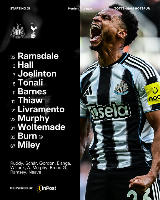 Newcastle United v Tottenham Hotspur: Ramsdale, Hall, Joelinton, Tonali, Barnes, Thiaw, Livramento, Murphy, Woltemade, Burn, Miley.