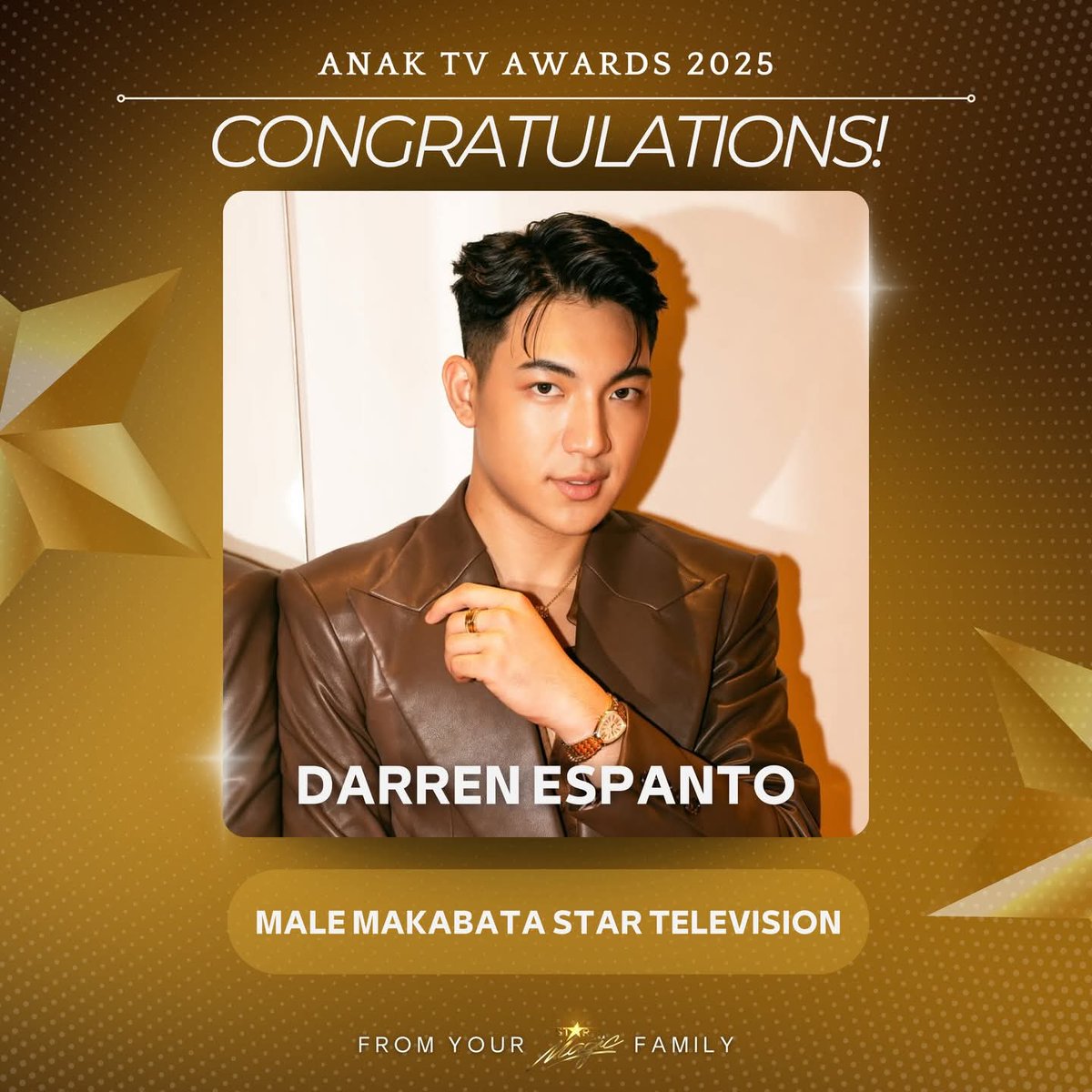 TheDarrenatics2's tweet image. Congratulatory messages to Darren from @starmagicphils, @ASAPOfficial, and @DreamscapePH💚 

Darren is one of the Male Makabata Star Award recipients at the Anak TV Awards 2025.💚

May you continue to be an inspiration and lead by example to the youth through your values, passion…