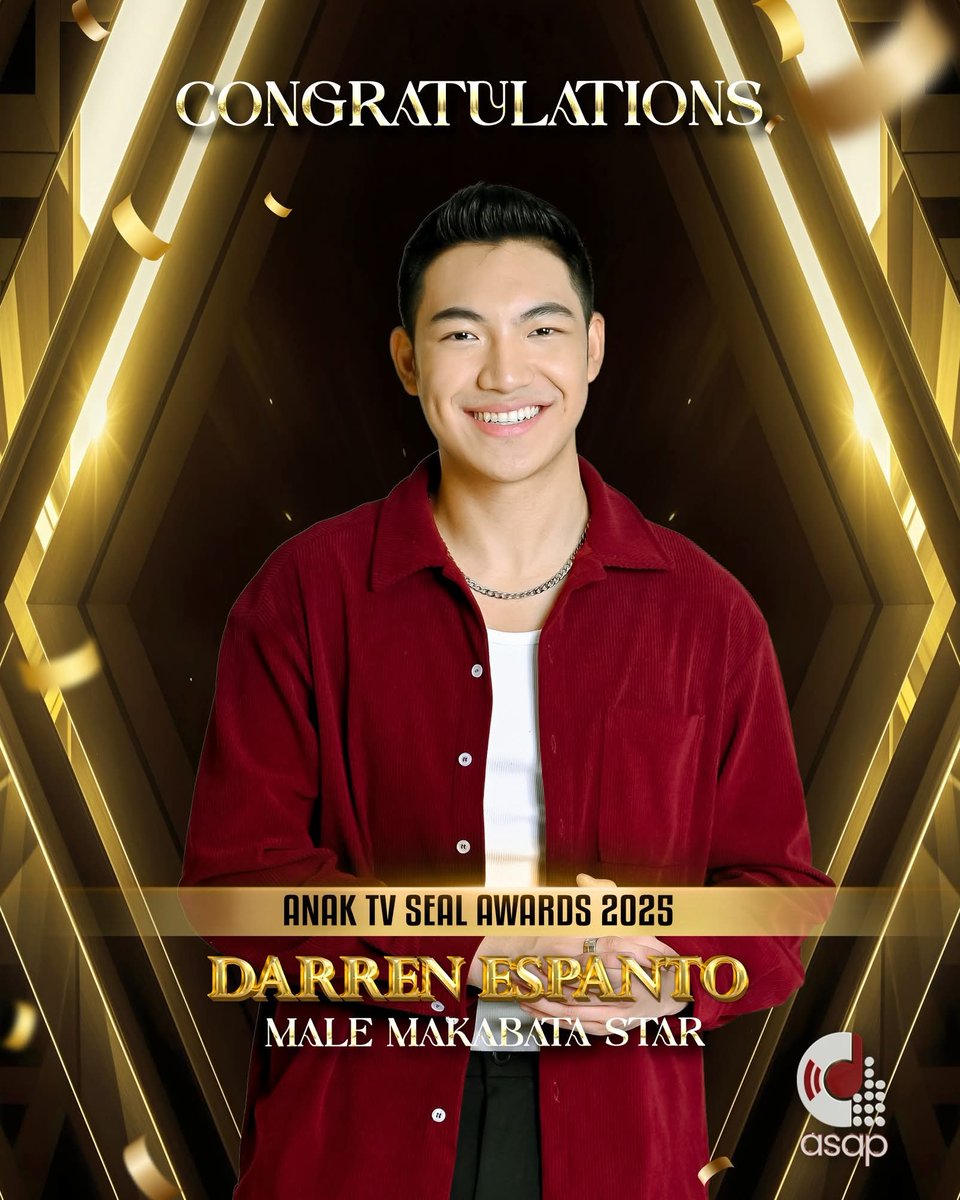 TheDarrenatics2's tweet image. Congratulatory messages to Darren from @starmagicphils, @ASAPOfficial, and @DreamscapePH💚 

Darren is one of the Male Makabata Star Award recipients at the Anak TV Awards 2025.💚

May you continue to be an inspiration and lead by example to the youth through your values, passion…