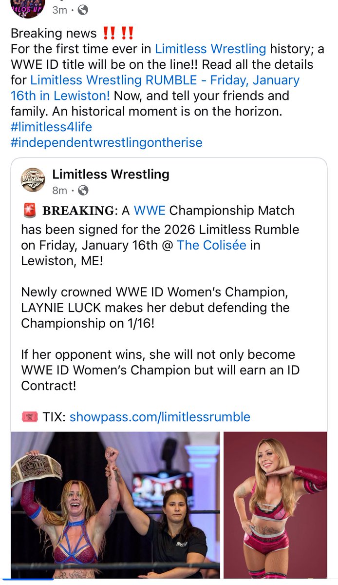 Mrrain231's tweet photo. @LWMaine fans; Facebook saw the news first.
But just breaking this very moment; for the first time ever in Limitless Wrestling history; @WWEID women’s champion @LaynieLuck will defend her title on January 16th at the #LimitlessRumble in Lewiston Maine at The Colisée. Make sure to stay tuned for more details on this historical moment. 
#Limitless4Life 
#IndependentWrestlingOnTheRise 
#WomensWrestlingMatters💚