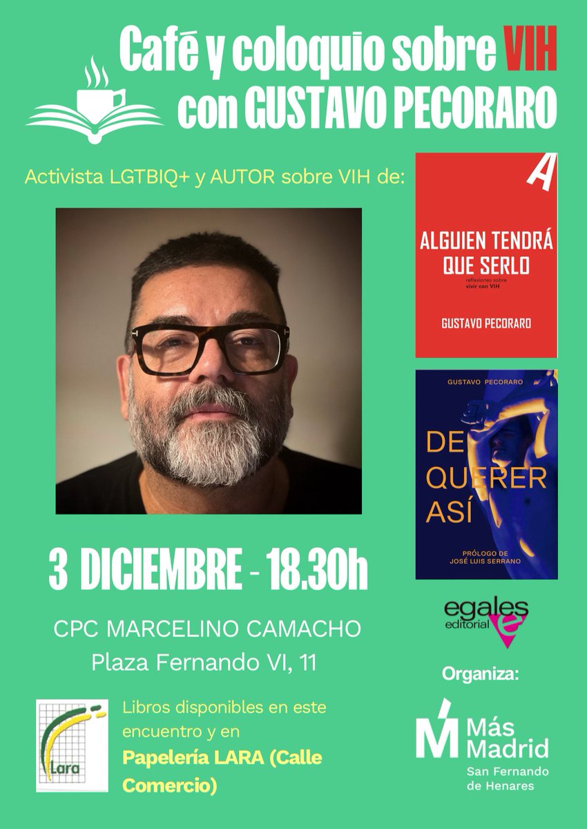 HOY 
En San Fernando de Henares, seguimos hablando de VIH, activismo, visibilidad, literatura, y políticas sociales.

📍18:30
CPC Marcelino Camacho
Plaza Fernando VI, 11

Organiza
<a href="/MasSanFer_/">Más Madrid - San Fernando de Henares</a> 💚