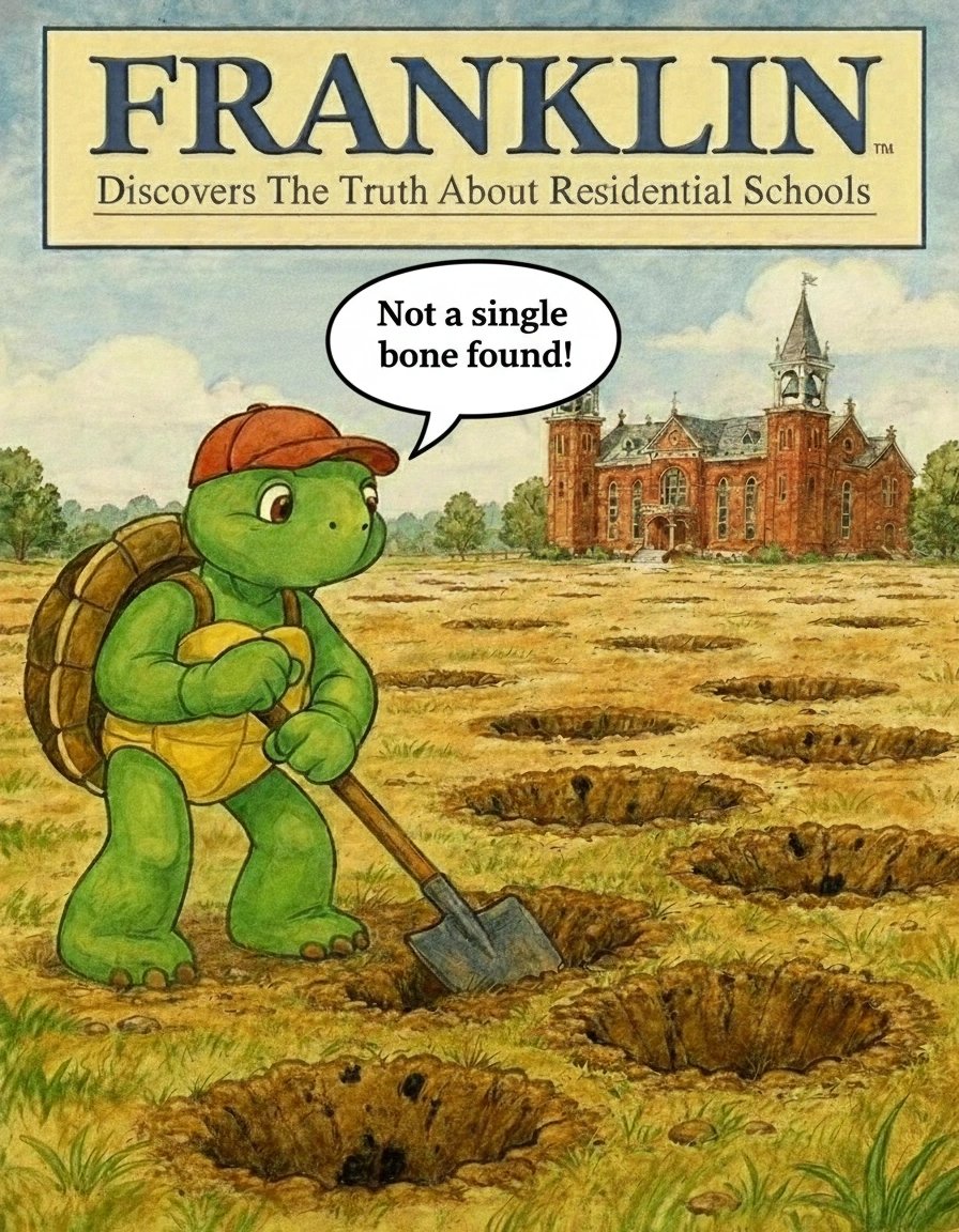 CanadaRoast's tweet image. Franklin digs for the truth about Canada's Residential Schools 🪏👀
