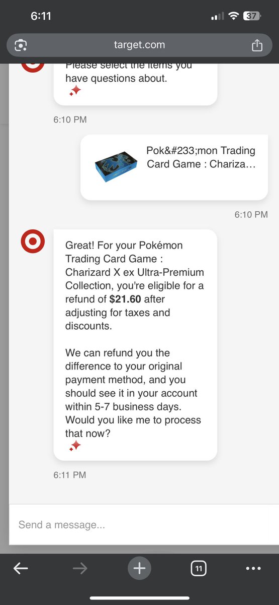 kirstyn's tweet image. target is honoring the new price if you bought the charizard UPC at $129.99 btw