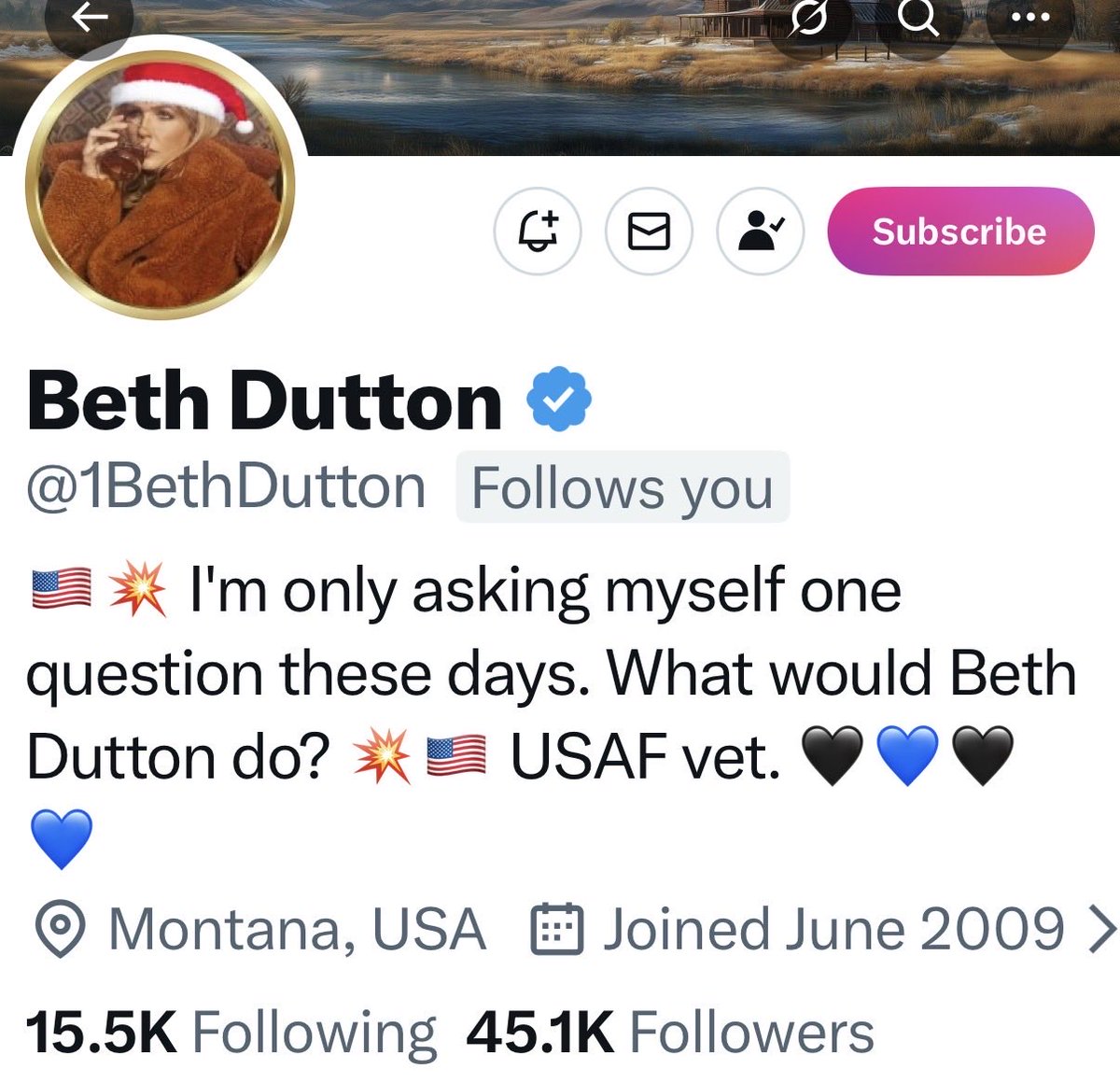Chris__X__'s tweet image. Meet @1BethDutton.

She has been a sweetheart from day one and has a great personality. Beth is also a USAF vet. 

I would recommend giving her a follow. She’s a good one.