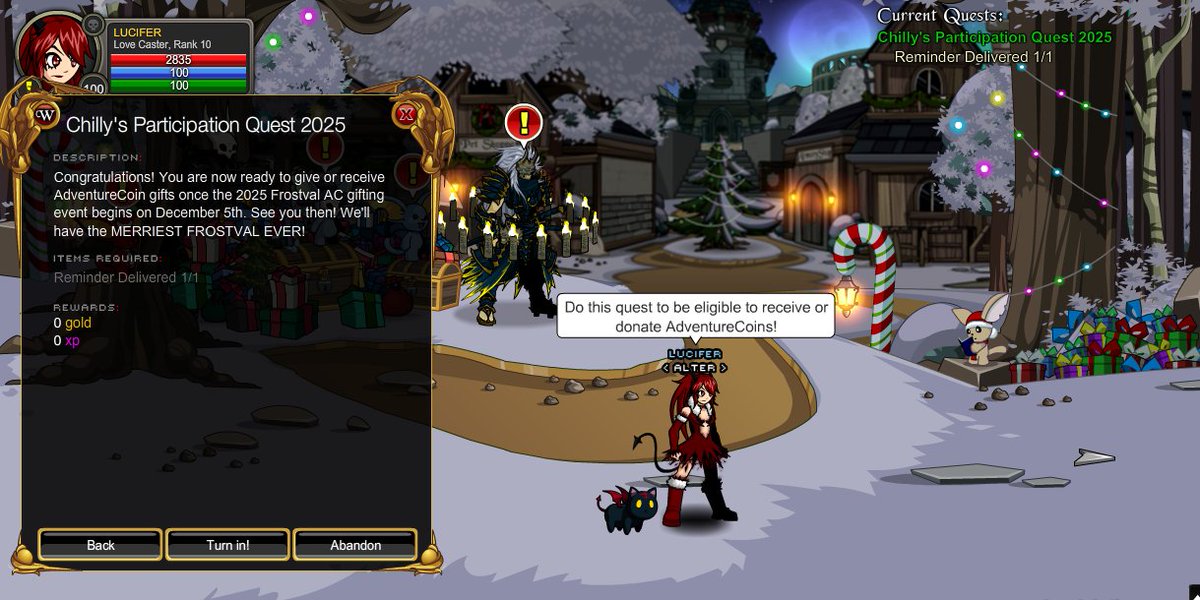 Datenshi6699's tweet photo. 🌟 Chilly's Frostval Gifting Event 2025🌟

Event begins December 5th but you can do this quest now, and you’ll be all set to give or receive ACs.
Talk to Chilly in /battleon.

Accounts must be level 30+ and have a confirmed email address

Let’s spread some joy together! 💞✨ https://t.co/I5XS1GJcfW