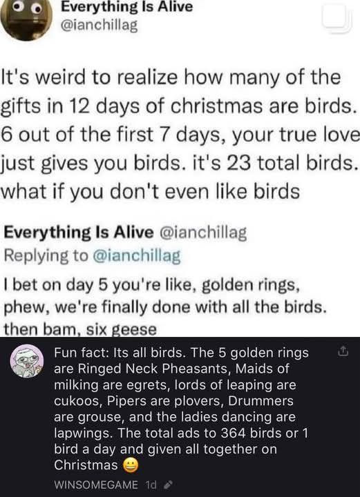 Did you get your turtle doves today? If not don't worry, there's tons of birds left to go! -Ethan🐦🐤🦆🦉🦅