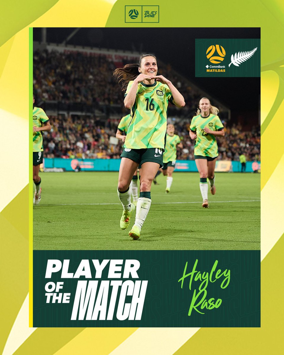 TheMatildas's tweet image. 1 Goal ⚽️ + 1 Assist 🅰️

@HayleyRaso is your Player of the Match from #AUSvNZL in Adelaide!

#Matildas
