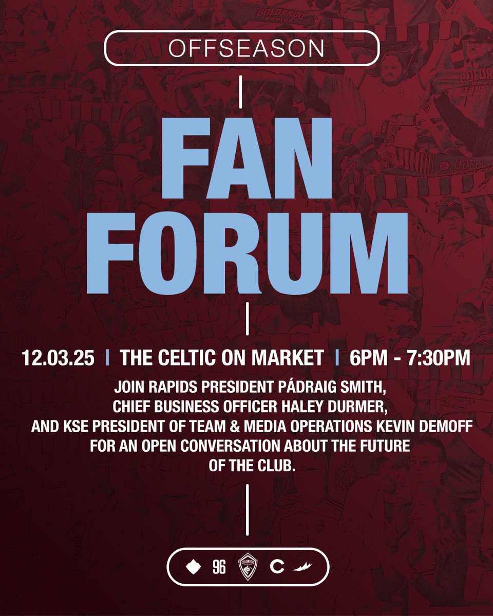 ColoradoRapids's tweet image. Don’t forget to join us tomorrow night at our Offseason Fan Forum!

Join the conversation with Rapids President Pádraig Smith, CBO Haley Durmer, and KSE President of Team and Media Operations Kevin Demoff and help shape the direction of the club 🗣️➡️ rapids96.com/FanForumRSVP
